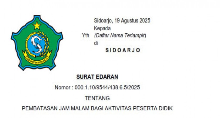 Surat Edaran Bupati Sidoarjo tentang Pembatasan Aktifitas Peserta Didik di Sidoarjo